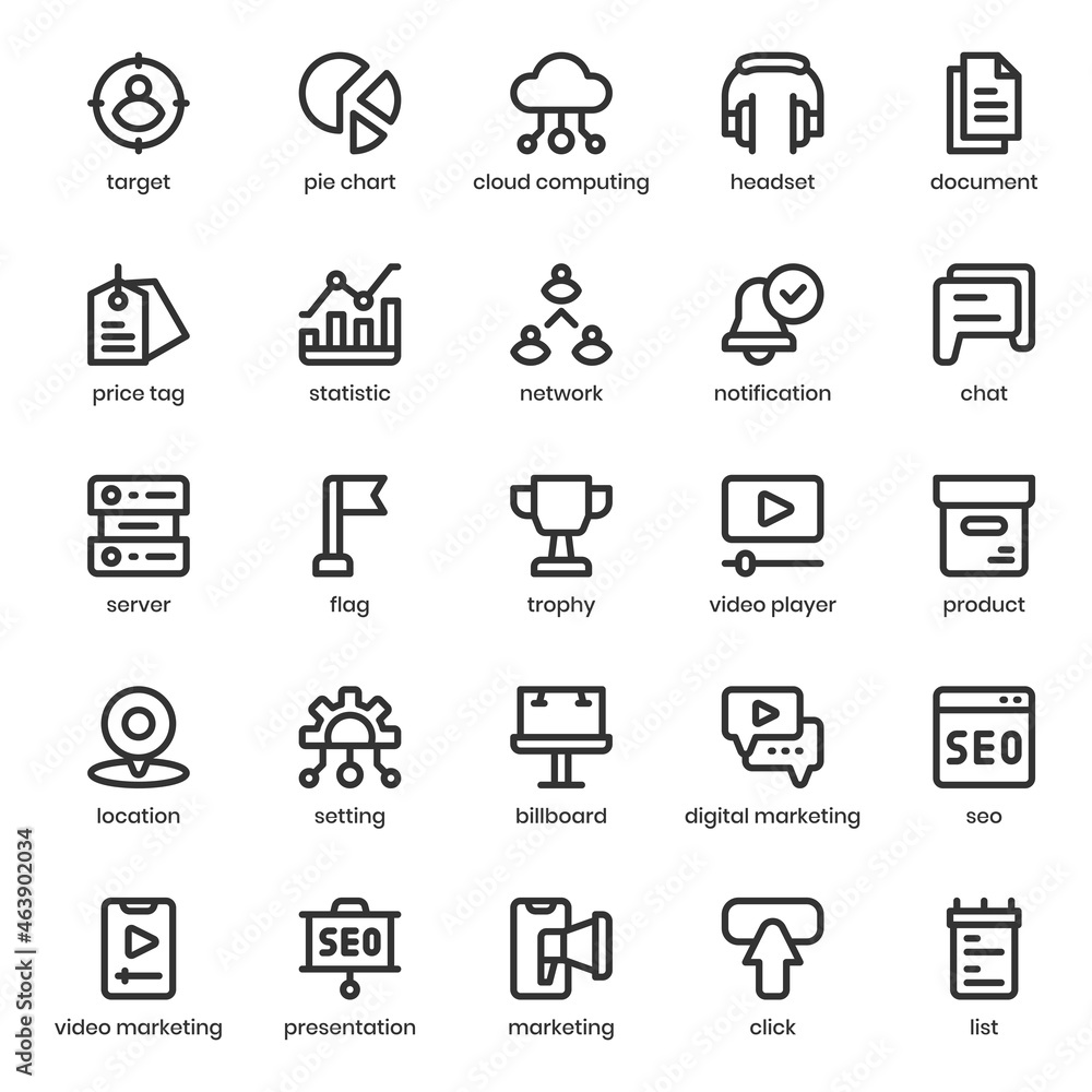 Marketing and SEO icon pack for your website design, logo, app, UI. Marketing and SEO icon outline design. Vector graphics illustration and editable stroke.