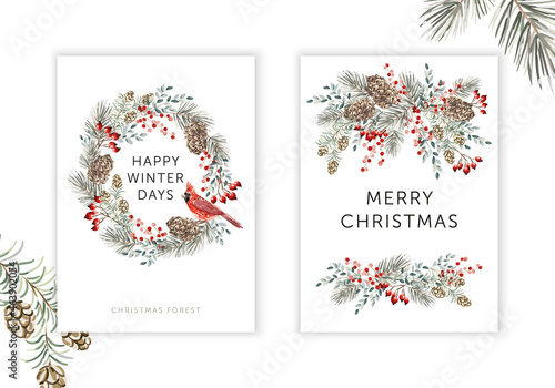 Vászonkép Christmas nature design greeting cards template, round wreath, text, white background