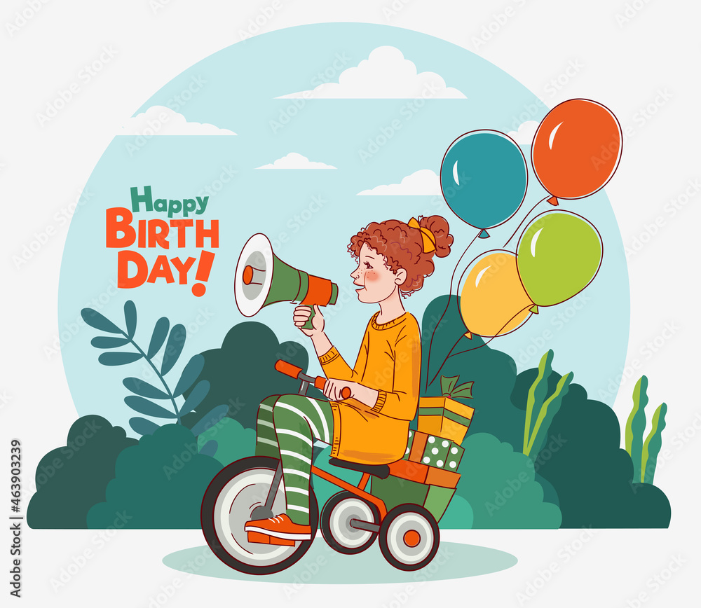 Cute kid rides on bicycle in the park. Funny girl shouting on the megaphone. Happy Birthday vector illustration