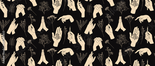 Seamless pattern with female hands and flowers. Vector illustration. Linear hand drawings. Collection of illustrations for packaging design for hand care products.