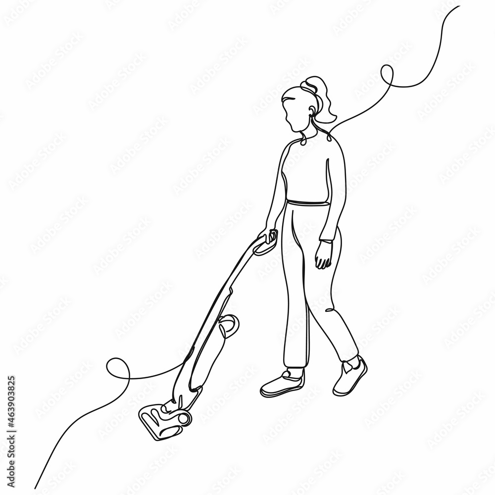 Vector continuous one single line drawing of woman with vertical vacuum ...