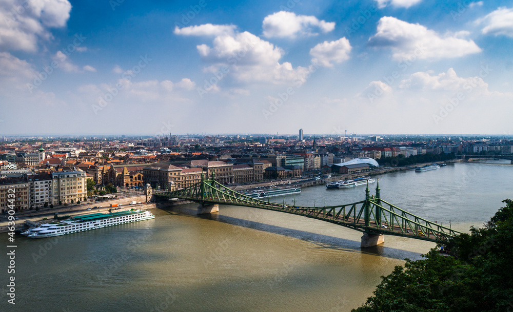 Beautiful view looking out over the river (Danube) overseeing Budapest and Liberty Bridge (Szabadsag hid) 