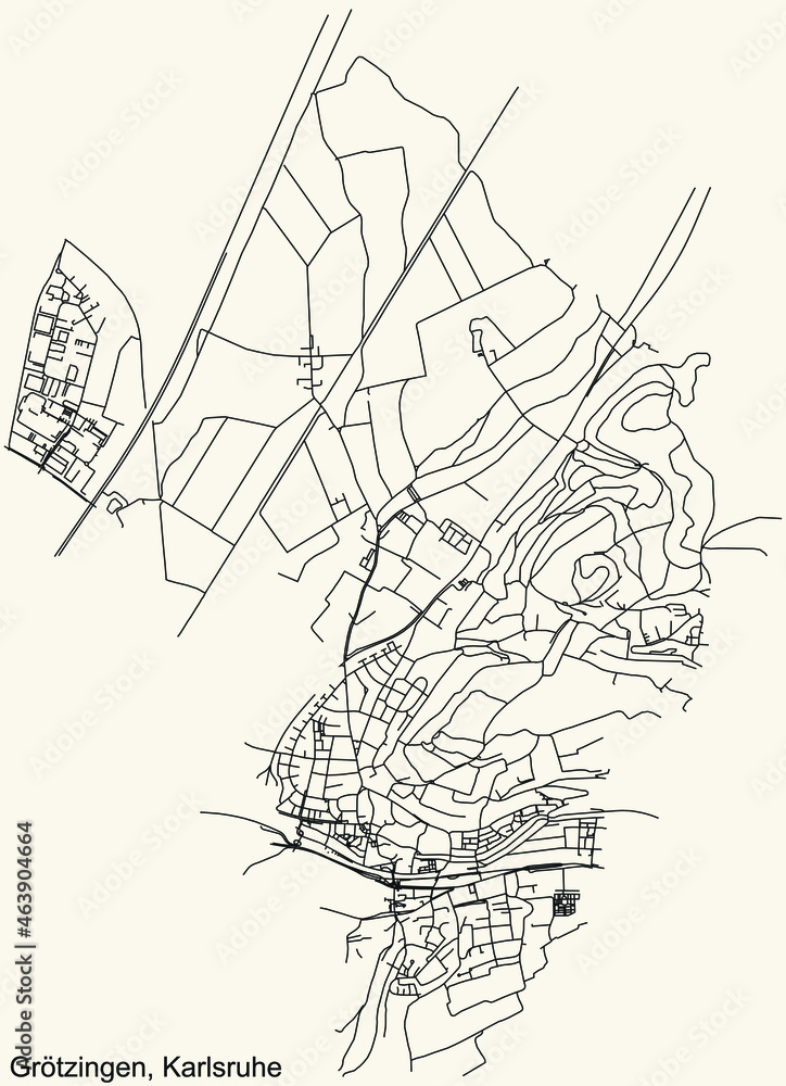 Detailed navigation urban street roads map on vintage beige background of the quarter Grötzingen district of the German regional capital city of Karlsruhe, Germany