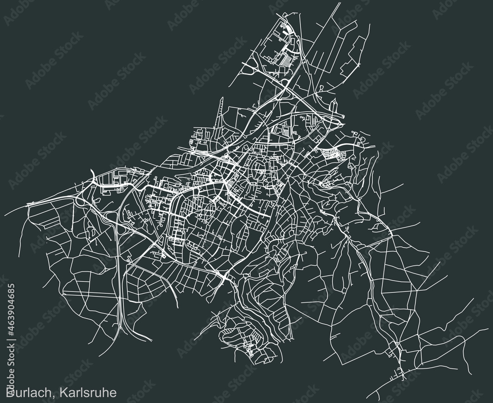 Detailed navigation urban street roads map on vintage beige background of the quarter Durlach district of the German regional capital city of Karlsruhe, Germany