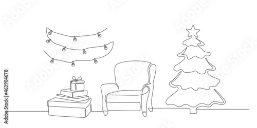 One continuous Line drawing of modern interior with armchair and christmas tree, gift boxes and garland. Stylish furniture for living room decor in simple linear style. Vector illustration