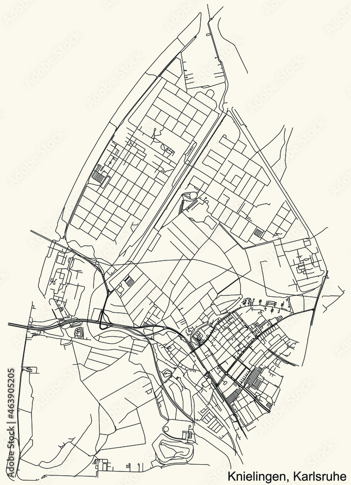 Detailed navigation urban street roads map on vintage beige background of the quarter Knielingen district of the German regional capital city of Karlsruhe, Germany