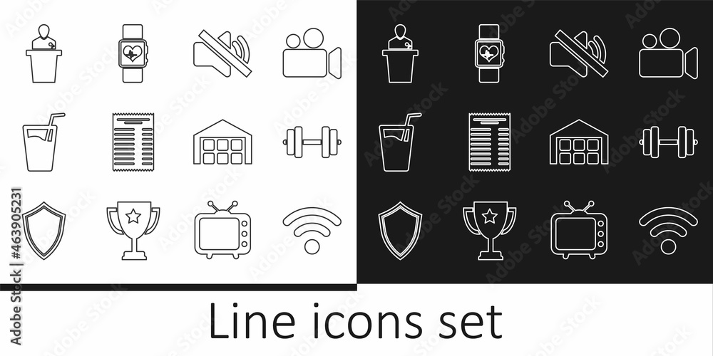 Set line Wi-Fi wireless network, Dumbbell, Speaker mute, Paper financial check, Glass with water, Warehouse and Smart watch heart beat rate icon. Vector Set line Wi-Fi wireless network, Dumbbell, Speaker mute, Paper financial check, Glass with water, Warehouse and Smart watch heart beat rate icon. Vector