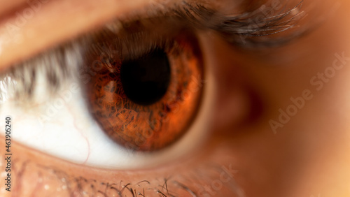 Macro photo of brown skinned man with brown eyes.