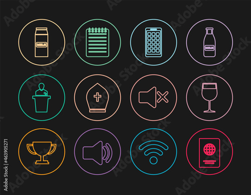 Set line Passport  Wine glass  Mobile Apps  Pope hat  Speaker  Paper package for milk  mute and Notebook icon. Vector