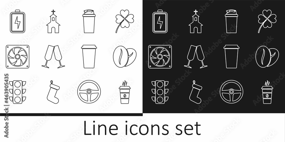 Set line Coffee cup, beans, Fitness shaker, Glasses champagne, Computer cooler, Battery, and Church building icon. Vector Set line Coffee cup, beans, Fitness shaker, Glasses champagne, Computer cooler, Battery, and Church building icon. Vector