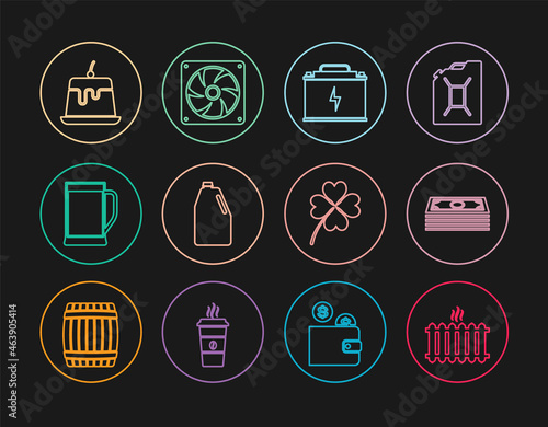Set line Heating radiator, Stacks paper money cash, Car battery, Household chemicals bottle, Glass of beer, Pudding custard, Four leaf clover and Computer cooler icon. Vector