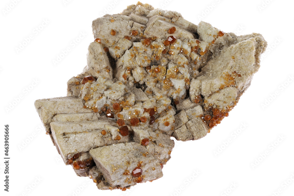 spessartine on feldspar from Longchang, China isolated on white background