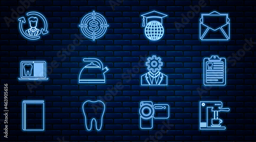 Set line Coffee machine and cup, Clipboard with dental card, Graduation cap on globe, Kettle handle, Laptop, Human resources, Head gear inside and Target dollar icon. Vector