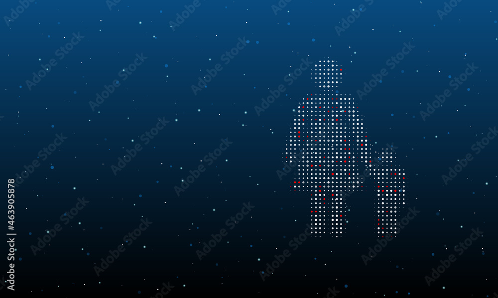 On the right is the woman with child symbol filled with white dots. Background pattern from dots and circles of different shades. Vector illustration on blue background with stars