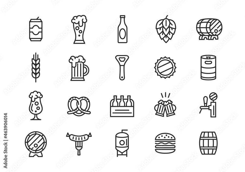 Beer icons. Set of 20 beer trendy minimal icons. Mug, Glass, Barrel