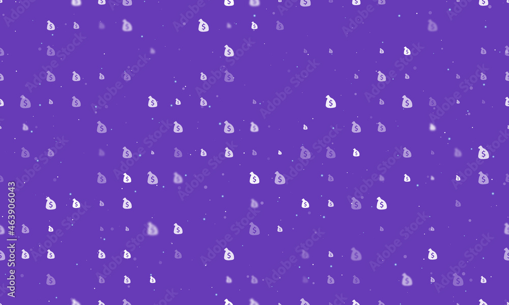 Seamless background pattern of evenly spaced white bag of money symbols of different sizes and opacity. Vector illustration on deep purple background with stars