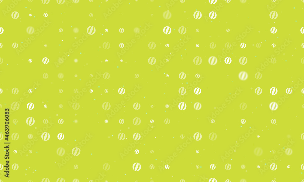 Seamless background pattern of evenly spaced white beach ball symbols of different sizes and opacity. Vector illustration on lime background with stars