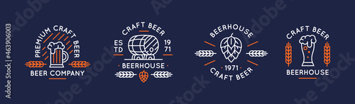 Set of 4 beer labels and logos. Vintage craft beer icons with pint and stein glass, hop, and barrel isolated on dark background. Vector illustration 