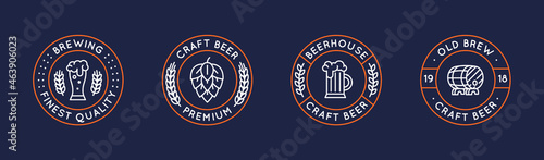 Set of 4 beer labels and logos. Circle vintage craft beer icons with glass, hop and barrel isolated on dark background. Vector illustration 