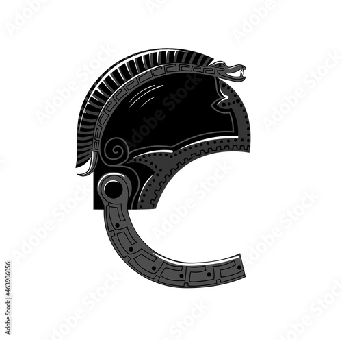 The knight's helmet is drawn in black and white. Stock vector illustration isolated on black background.