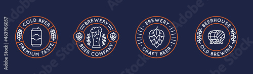 Set of 4 beer logos and labels. Circle vintage beer icons with glass, can, hop and barrel isolated on dark background. Vector illustration 