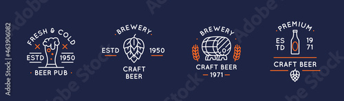 Set of 4 beer labels and logos. Beer icons. Circle vintage craft beer icons with pint glass, hop and barrel isolated on dark background. Vector illustration 