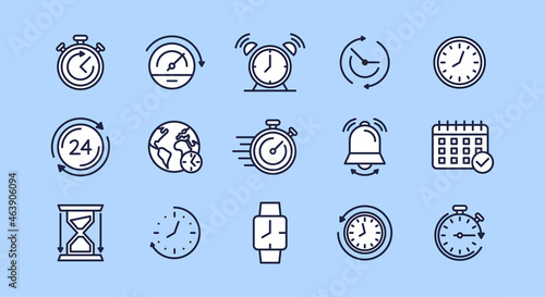 Time outline icons set. Stopwatch, clock, speedometer, restore, alarm, calendar icons isolated on light background. Icons for web design, app design. Vector illustration