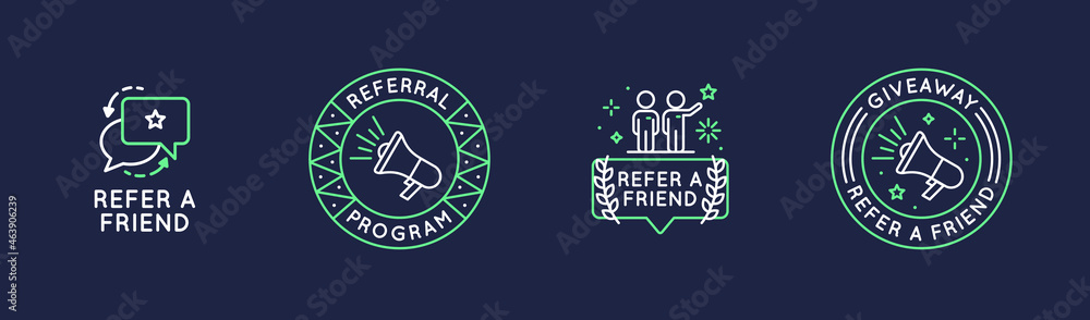 Referral program icons set. Refer a Friend concept with speech bubbles. People, megaphone icons. Label, badge isolated on dark background. Vector illustration Referral program icons set. Refer a Friend concept with speech bubbles. People, megaphone icons. Label, badge isolated on dark background. Vector illustration