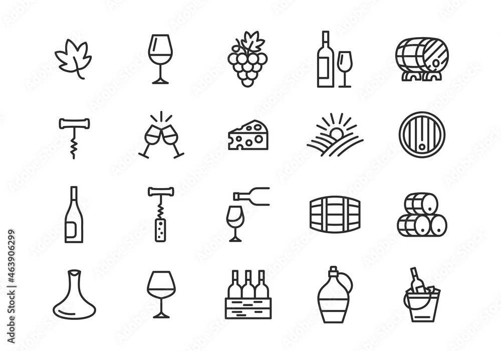 Wine icons. Set of 20 wine trendy minimal icons. Grape, Glass, Barrel ...