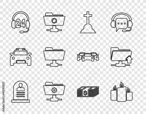 Set line Tombstone with RIP written, Burning candles, cross, FTP settings folder, Headphone for support, Paper money dollars cash and upload icon. Vector