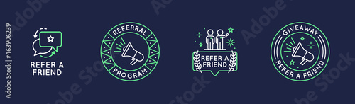 Referral program icons set. Refer a Friend concept with speech bubbles. People, megaphone icons. Label, badge isolated on dark background. Vector illustration