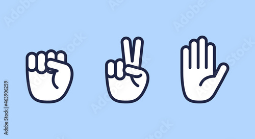 Rock, scissors, paper icons. Hand gestures icons set. Rock, scissors, paper icons isolated on light background. Vector illustration