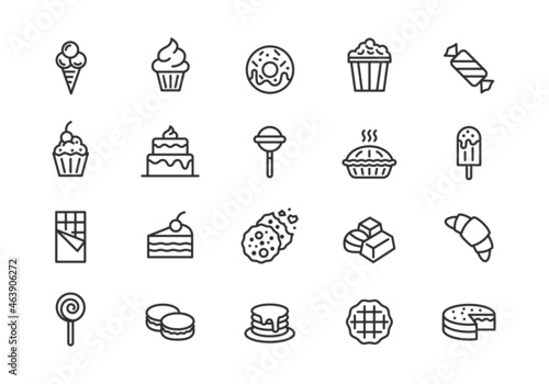 Sweets icons. Set of 20 sweets trendy minimal icons. Ice cream, candies, cakes, etc. Design signs for cafe, restaurant menu, web page, mobile app, logo, banner, packaging design. Vector illustration