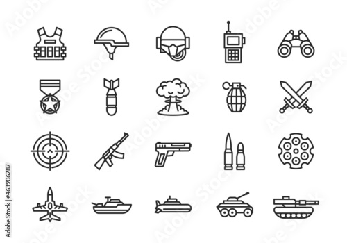 Military, Army, War icons. Set of 20 Military trendy minimal icons. Gun, Bomb, Weapon, Military vehicles icon. Icons for web page, mobile app. Vector illustration