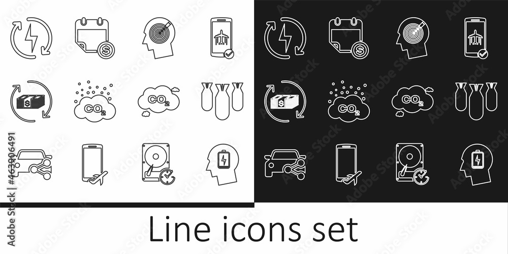 Set line Head with low battery, Aviation bombs, hunting concept, CO2 emissions cloud, Refund money, Recharging, and Financial calendar icon. Vector