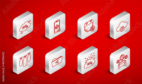 Set line Car sharing, Flight mode the mobile, Financial calendar, Music streaming service, Methane emissions reduction, CO2 cloud, Share folder and Aviation bombs icon. Vector