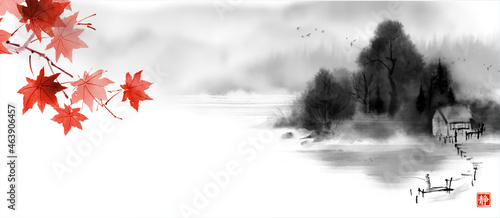 Landscape with red maple and fisherman on wooden pier by the misty riverside. Traditional oriental ink painting sumi-e, u-sin, go-hua. Translation of hieroglyph - silence