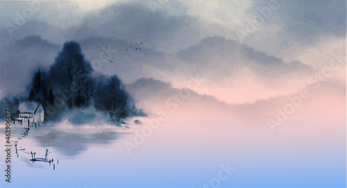 Landscape with misty blue riverside and fisherman on old pier. Traditional oriental ink painting sumi-e, u-sin, go-hua