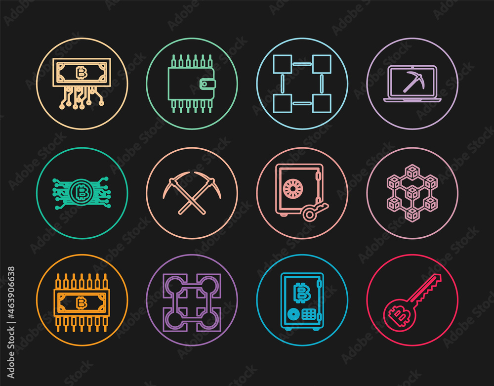 Set line Cryptocurrency key, Blockchain technology, Crossed pickaxe, bitcoin circuit, with, Proof of stake and wallet icon. Vector Set line Cryptocurrency key, Blockchain technology, Crossed pickaxe, bitcoin circuit, with, Proof of stake and wallet icon. Vector