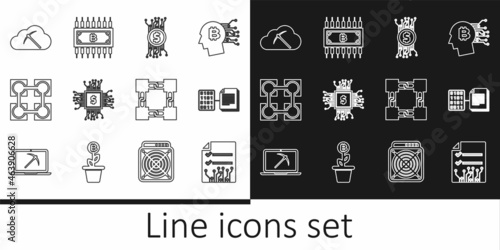 Set line Smart contract, Cryptocurrency bitcoin in circuit, Processor chip with dollar, Blockchain technology, cloud mining, and icon. Vector