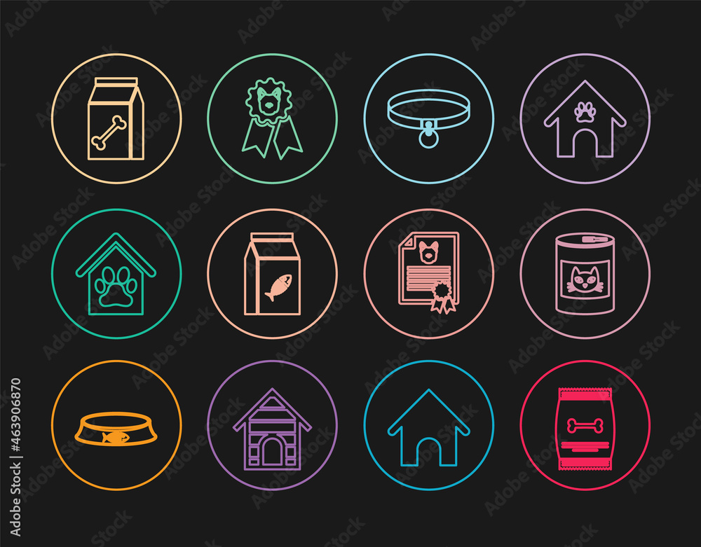 Set line Bag of food for pet, Canned cat, Collar, Dog house and paw print, Certificate dog and award symbol icon. Vector Set line Bag of food for pet, Canned cat, Collar, Dog house and paw print, Certificate dog and award symbol icon. Vector