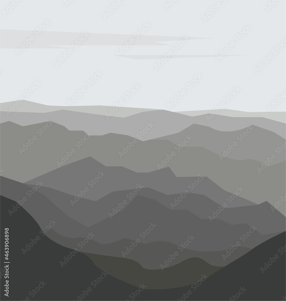 Vector image of a landscape. Mountains and hills at altitude. Panorama. Monochrome gray colors. Hand-drawn. Design of posters, postcards, invitations, holiday decorations, decor, textiles, fabrics.