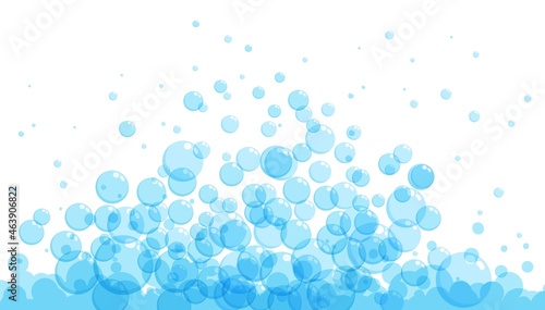 Soap bubbles in cartoon style. A foam sample with blue round shapes. Vector illustration of a card with shampoo or drinking foam. Simple soap background. Oxygen circles fly up.