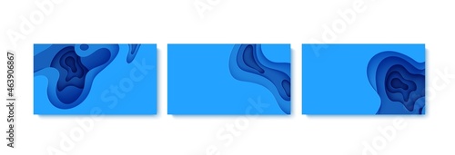 Set of abstract backgrounds in paper cut style. 3d wallpaper with cut out deep waves modern cover. Blue color layers with smooth shadow papercut art. Vector illustration, origami geometric shapes