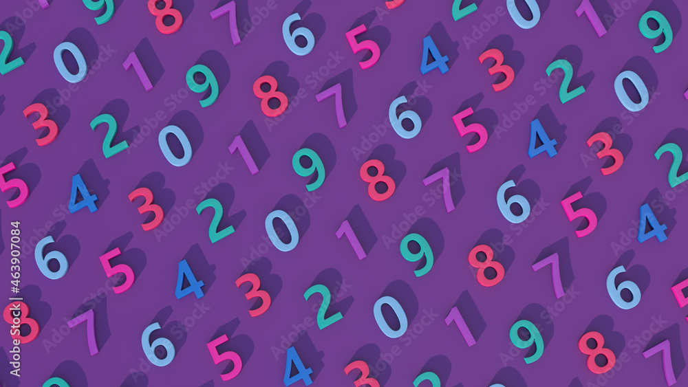 Colorful number pattern. Purple background. Abstract illustration, 3d render. Colorful number pattern. Purple background. Abstract illustration, 3d render.
