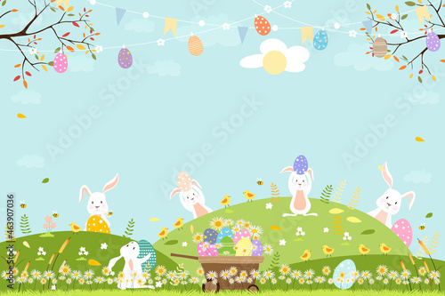 Spring field with bunny hunting Easter eggs,Vector Cute cartoon rabbits and hunny bees flying in grass field. Spring or Summer time banner with copy space for easter greeting card