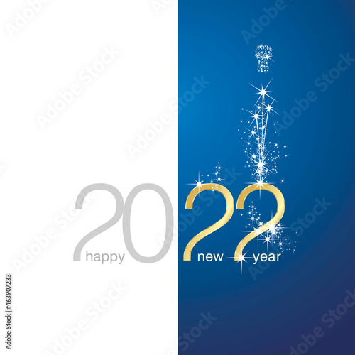 2022 Gold Happy New Year sparkle firework white blue background greeting card