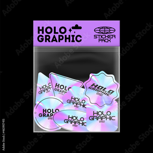 Holographic sticker pack. Color hologram labels of various shapes, high-quality sticker design, with texture and glitter. Set of 8 geometric shapes