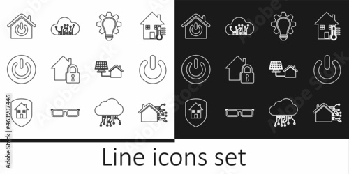 Set line Smart home, Power button, Light bulb and gear, House under protection, with solar panel and Internet of things icon. Vector