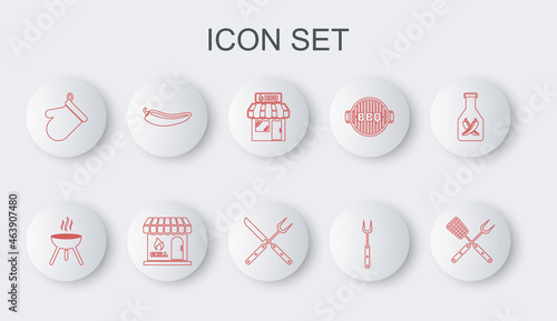 Set line Crossed fork and spatula, Barbecue grill, shopping building, Oven glove, Hot chili pepper pod, and knife icon. Vector